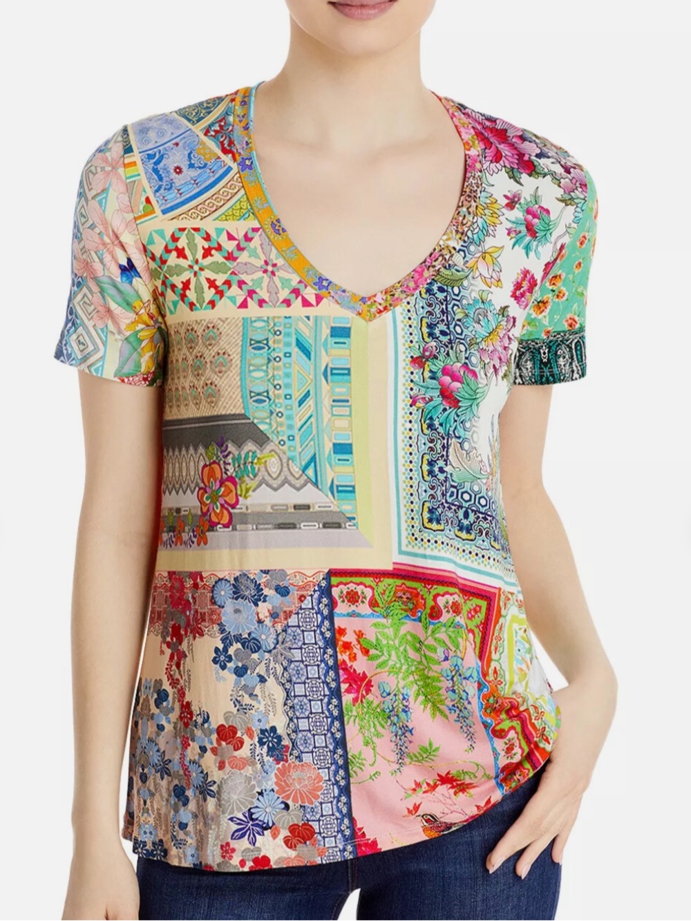 Johnny Was Anika Short Sleeve Swing Tee  Multicolor Floral Patchwork Print - XL